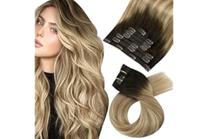 Moresoo Extensiones Pelo Natural Clip Ombre Extensiones Clip de Pelo Humano #3/8/22 Castaño a Castaño Claro con Rubio Dorado Clip Pelo Extensiones 18 Pulgadas 7PCS/120G