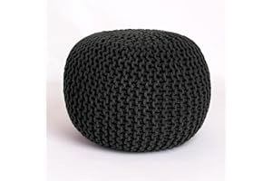 ROSELEY Round Chunky Knitted Pouffe Footstool Braided Cotton Ottoman Resting Feet 50cm Comfy Filled Bean Seat 50cm Light Foot Stool Living Room Decor Firm Support For Children Elderly [Black]