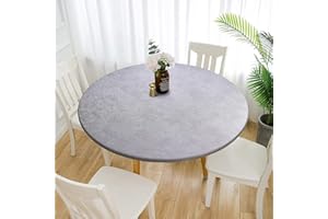 MINGPINHUIUS Nappe ronde en vinyle à bords élastiques – Nappe en plastique imperméable et facile à nettoyer pour intérieur ou extérieur, terrasse, motif végétal (gris, 120 cm de diamètre)