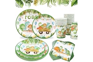 PATIMATE Dinosaurios Vajilla Desechable Infantil, 96pcs Kit Vajilla Cumpleaños Dinosaurios Verde con Platos Tazas Servilletas, Decoración Cumpleaños Platos Desechable para Fiesta Temática Dino, Baby Shower