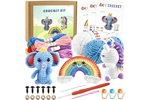 ASTARON Kit de Ganchillo para Principiantes, 3 Piezas de Animales de Ganchillo para Adultos y niños con Video Tutorial e Instrucciones, Kits de Inicio de Ganchillo: Unicornio, Elefante, Arco Iris
