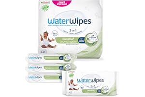 ‎WATERWIPES WaterWipes Sensitive+ Baby & Toddler Wipes, 240 sztuk (4 opakowań), 3 w 1: delikatnie oczyszczają, pielęgnują, chronią, 99.9% wody, bezzapachowe