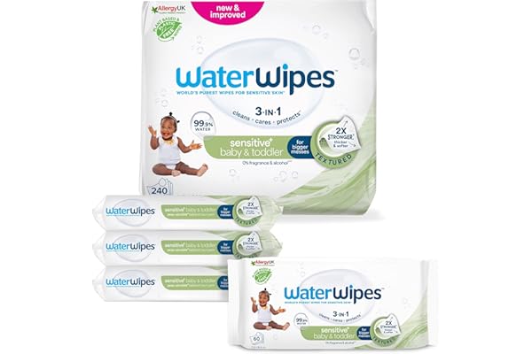 WaterWipes Sensitive+ Baby & Toddler Wipes, Lingettes Pour Bébés et Tout-Petits, 240 unités (4 paquets), 3-en-1 nettoie, soigne, protège, 99,9% d'eau, Textured Clean, non parfumées