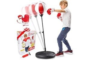 Whoobli Punching Bag for Kids Incl Boxing Gloves | 3-10 Years Old Adjustable Kids Punching Bag with Stand | Boxing Bag Set Toy for Boys & Girls (Red White)