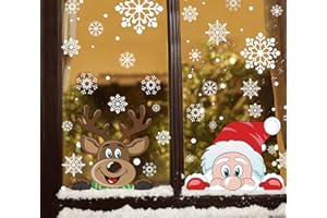 VEYLIN Christmas Window Stickers, 6 Sheet Peeping Santa & Rudolph Snowflakes Window Clings PVC Staic Stickers for Christmas Window Display