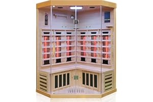 Dewello® Infrarotkabine Infrarotsauna Brandon 120cm x 120cm Dual-Therm für 1-2 Personen aus Hemlock Holz mit Vollspektrumstrahler, Bodenstrahler, LED-Farblicht, Bluetooth, FM,MP3,USB