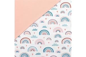 VMG-STORE Pacchetto di tessuto 0,5 m jersey + 0,5 m di tessuto per cucire vestiti per bambini, tessuto in jersey (pastello arcobaleno bianco + rosa morbido (set24)