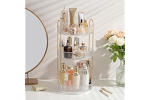 ROWNYEON Makeup Organiser 360 Rotating,Spinning Skincare Cosmetic Organiser 3 Tier Large Spinny Make Up Storage Organiser Shelf for Perfume, Vanity,Dresser, Bedroom, Bathroom,Toiletries (Clear)