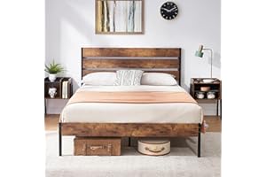 VECELO Platform Double Bed Frame with Rustic Vintage Wood Headboard and Footboard, Mattress Foundation, Strong Metal Slats Support, No Box Spring Needed