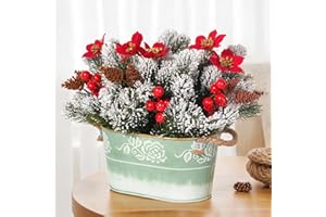 HOPEME Artificial Christmas Table Centerpiece with Snowy Norfolk Pine, Red Poinsettias, Berries & Pine Cones in Festival Flower Pattern Metal Box, Xmas Table Decoration for Home, Kitchen, Office or Mantel