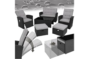 TecTake® Salon de Jardin Exterieur Lounge en Poly Rotin 6 Places 1 Canapé 2 Fauteuil Salon 2 Tabouret Pouf et 1 Table de Jardin, Dossier inclinable Mobilier de Jardin pour Amenagement Balcon