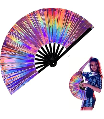 Grand éventail Holographique Argenté Pliable - 64 Cm, Effet Claquant, Pour Festivals Et Soirées