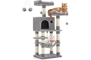 Feandrea Albero per Gatti Alto 112 cm, Tiragraffi per Gatti, con 11 Pali Graffiatoi, 2 Posatoi, 1 Grotta, 1 Amaca, 2 Pompon, in Peluche a Più Livelli, Grigio Chiaro PCT215W01