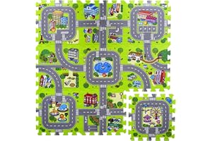 Meitoku - Tapis puzzle en caoutchouc EVA pour enfant Imprimé : circuit et routes. Dimensions : 90 x 90 x 1 cm. Pièces interchangeables.
