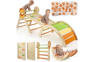 KHLEROX 7-in-1 Montessori Kletterdreieck Set mit Rutsche, Kletterbogen & weichem Kissen – Holz Klettergerüst für Babys & Kleinkinder ab 1–3 Jahre, Indoor Spielgerät, faltbar & sicher (Löwe)