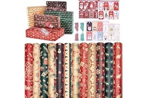 HOVIBU 12 Pezzi Carta da Regalo Natalizia 70x50cm Piegati Vintage Carta da Regalo Kraft, Riciclabile con 30 Biglietti Regalo e 2 Rotoli di Corda di Cotone da 11m, Adatto per la Confezione di Regali di Natale