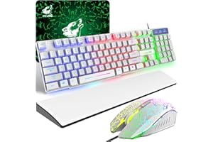 ZIYOU LANG Tastiera e Mouse Gaming con Poggiapolsi, USB Cablato Layout Italiano QWERTY Tastiera Retroilluminato a LED Colore Arcobaleno, Mouse 6 Tasti 2400 DPI e Tappetino per Mouse per Giochi per PC, Bianco
