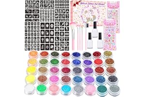 PIROO 545 Stück Glitzer Tattoo Set Kinder, 40 Farben Glitzertatoos set Kindertattoos Tatoostifte 297 Schablonen 200 Strasssteine Party Kindergeburtstag Ostern Weihnachten Geschenke Mädchen Jungen