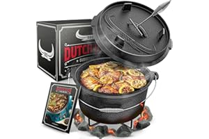 AMANDI BBQ Dutch Oven - Set di forno olandese [9 l], adatto per induzione, con supporto per pentola, pentola in ghisa, con alzacristallo e e-book