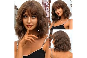 OUFEI Brown Wig with Bangs Curly wigs for Women Short Wavy Wigs Synthetic Hair Heat Resistant Wigs for Daily Party Cosplay Wear