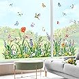 decalmile Autocollants Fenêtre Herbe Verte Coin Plinthe Anti-Collision Stickers Printemps Fleur de Jardin Papillon Stickers V