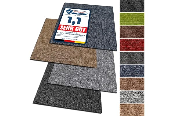 KARAT mattplattor Moskva 50 x 50 cm självliggande – set med 4 st. – 1 m² – slitstark matta, golvbeläggning med högkvalitativ slinglugg för hem och kontor – antistatisk med bitumenrygg –