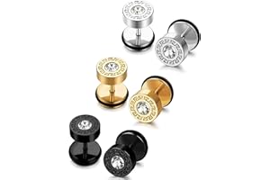 JeryWe 3-4 Pairs Stainless Steel Mens Stud Earrings for Men Women Ear Piercing Plugs Tunnel Set Round CZ Fake Plug Stud Earrings Ears Screw Barbell Earrings Silver Gold Black