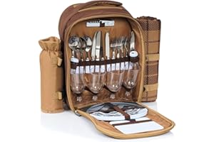 CampFeuer Picknickrucksack für 4 Personen | Braun | Picknickset 32-teilig | inkl. Flaschenhalter und Fleece Decke, großem Kühlfach, Geschirr und Besteck | Wanderrucksack, Campingrucksack