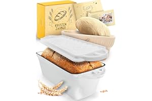 ‎KRUSTENZAUBER KRUSTENZAUBER Emaille Brotbackfrom mit Deckel inkl. Gärkorb - Robuste 28cm Backform aus Gusseisen - Ideal als Kastenform, Toastbrot Backform, Brotform, Gusseisen Topf Brot backen Zubehör, Brottopf