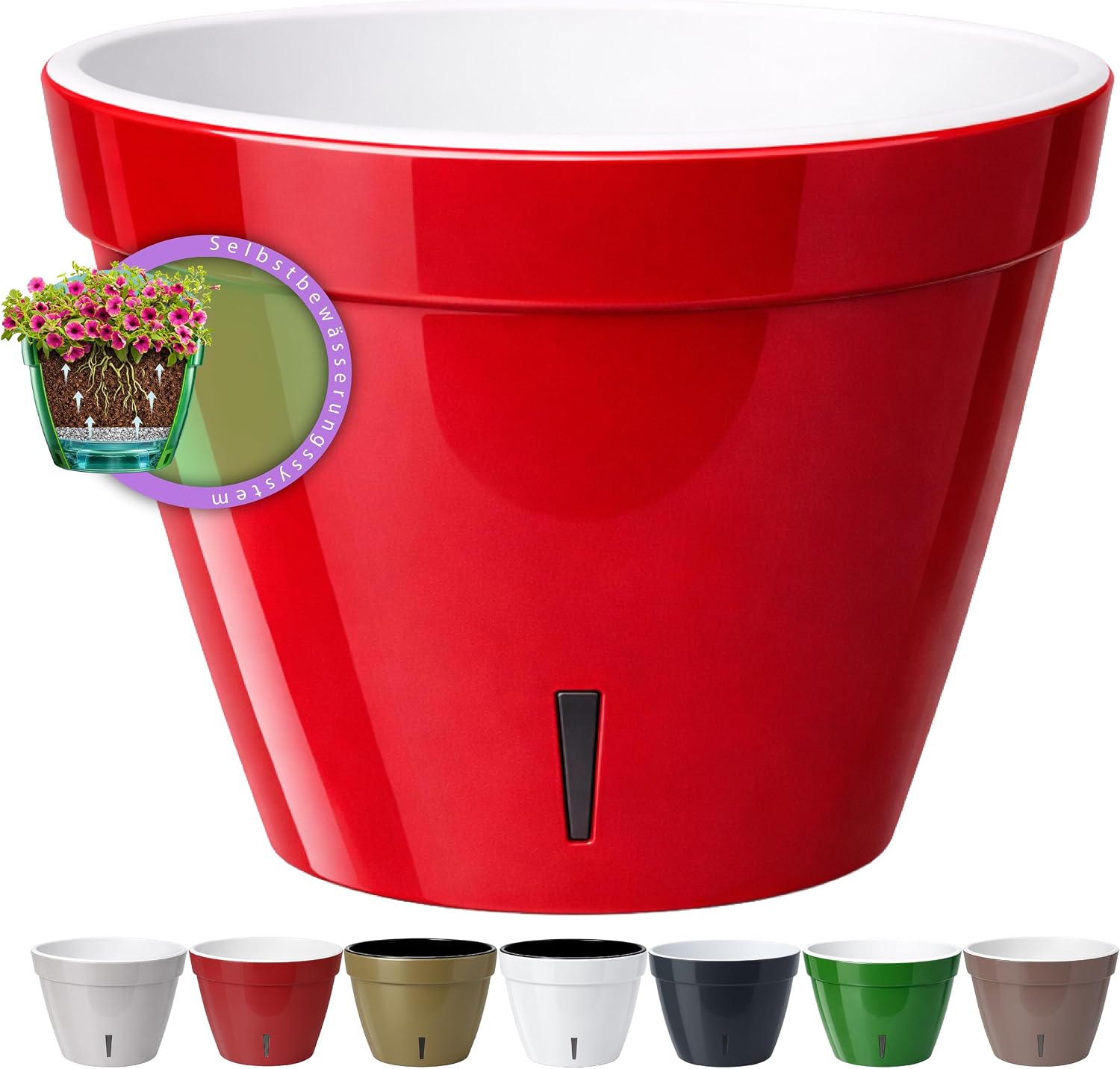 Santino ASTI Maceta de Riego Automático con Indicador de Nivel de Agua, Redonda, para Plantas, Flores, Hierbas (Ø 18 cm, Altura 14 cm, 2,5 L, Rojo/Blanco)