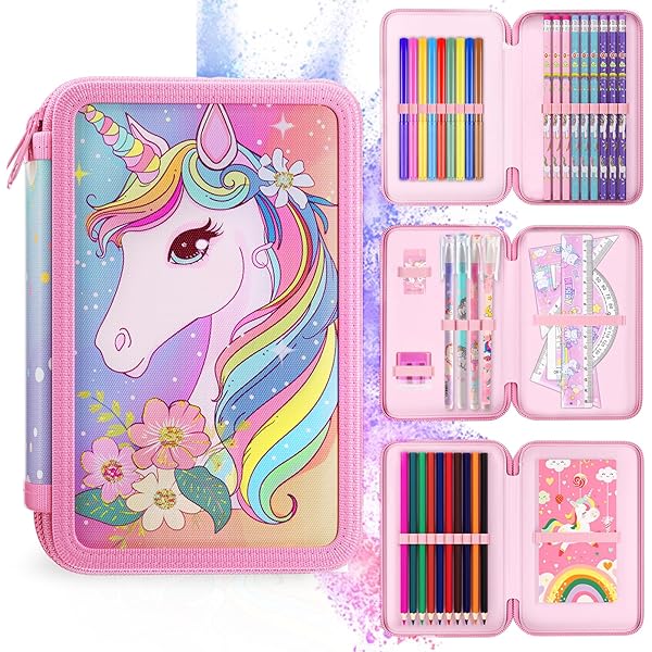 Derform Einhorn Federmappe 3-Fach - Gefüllt Mit 43 Teilen Unicorn Federtasche