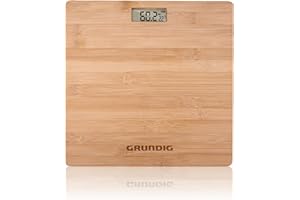 Grundig Personenwaage – Digitale Personenwaage aus Bambus – Körperwaage mit LCD Display – Digitalwaage bis 180 kg – Einheiten in kg, lb und st – 28x28 cm