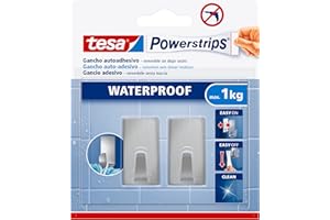 tesa Powerstrips Haken Waterproof S Metall eckig - selbstklebender Wandhaken für Küche und Bad, groß - Handtuchhaken aus Edelstahl, silber matt - belastbar bis zu 1 kg, 2 Stück