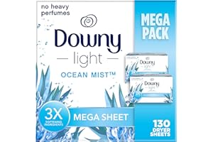 Downy Light Mega Dryer Sheets, Fabric Softener Dryer Sheets, Ocean Mist, 130 Count