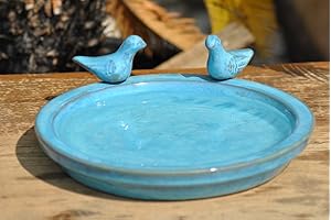 KUNERT-KERAMIK Vogeltränke mit Zwei kleinen Vögelchen,rund,türkis glasiert,30cm,%%mit kleinen Fehlern%%