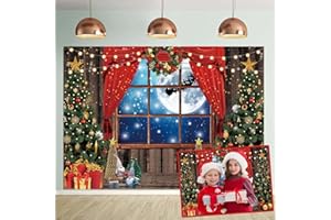 TENCOW Toile de fond pour photographie de fenêtre de Noël, cadeau d'arbre de Noël, fenêtre en bois rustique, pleine lune, fond de nuit, arrière-plan pour fête de famille, bannière de décoration pour fête de