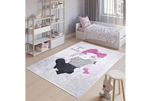TAPISO Emma Tappeto Gioco Bambini Sala Giochi Cameretta Stanza Bambini Stampato Morbido Rosa Grigio Bambina Gatto Antiscivolo Lavabile in Lavatrice 80 x 150 cm