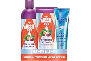Aussie Strength & Length Shampoo, Conditioner & Super Serum Leave in Treatment Set (pack of 3). Hydrate & Strengthen Long, Dry, Damaged Hair. Smooth, Soften, Detangle, Prevent Split Ends & Boost Shine
