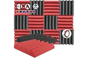 Arrowzoom 12 Pannelli Fonoassorbenti Wedge 25x25x5cm Correzione Acustica 26kg/m3 500-8000Hz Isolamento Trattamento Acustico Studio registrazione Insonorizzazione 1134 Rosso Nero
