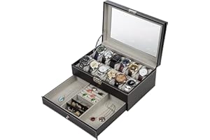 Readaeer dwupoziomowa szkatułka na 12 zegarków, ze szklaną pokrywą, wykonana ze skóry syntetycznej, czarny, 12 Fächern mit Schubladen