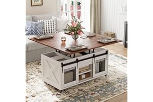 VOWNER Mesa de Centro Elevable, Mesa Extensible, Multifuncional 4 en 1 con Ruedas & Almacenamiento Oculto - Comedor, Convertible, Estilo Granja, Nogal (Nogal)