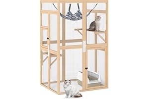LEFLUFFY Catio Outdoor Cat Enclosure,Cattery Outdoor/Indoor for cats, Wooden Cat House Shelter, Kitty Cage with 3 Platforms for Patio Indoor,Accommodate Up to 3 Cats,100L*84.5W*162H cm (Burlywood, Medium)