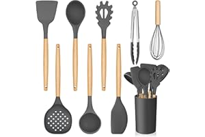 Homikit Zestaw przyborów kuchennych, 9-częściowy zestaw silikonowych przyborów kuchennych, z zabezpieczeniem przed oparzeniem, drewniany uchwyt, nieprzywierające, z uchwytem na przybory, odporne na