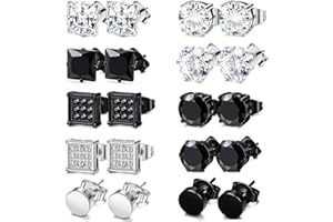 JENCVNL 10 Paar Ohrringe Set für Herren, Edelstahl Männer Ohrstecker Runde Quadrat Ohrringe mit Zirkonia Schwarz Silber Ohr Piercing für Männer Jungen