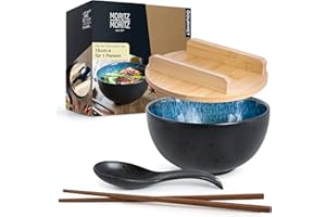 Moritz & Moritz SOLID ceramiczna miska do ramen 600 ml 15 cm Ø czarno-niebieska do zupy, pho i sushi Bowl w zestawie pałeczki, pokrywka i łyżka