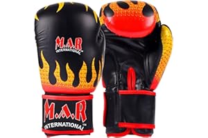 MAR INTERNATIONAL MAR | Black Rex Leather Flame Boxing Gloves, Extended Cuff Kickboxing Muay Thai Gloves Heavy Training Boxing Gloves, Womens Boxing Gloves Kids Boxing Gloves for Men Women & Children 4oz - 16oz