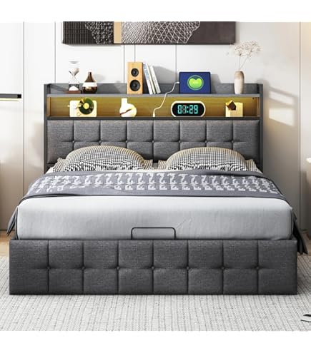 Gestoffeerd bed, 160 x 200 cm, tweepersoonsbed met hoofdeinde met opbergruimte, functioneel bed met USB-opladen en ledverlichting, bedframe met houten lattenbodem, jeugdbed voor volwassenen, grijs