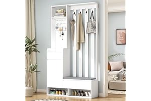 ‎SOGESHOME SogesHome Garderobe Set Flurgarderobe mit gepolsterter Aufbewahrungsbank Schuhschrank mit Stecktafel 4 Haken für Flur Eingangsbereich,100x35x180 cm