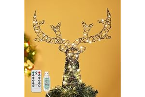 Kssiaz Christbaumspitze, Metallrahmen Hirsch Baumspitze Weihnachtsdeko mit 50 Warm LED Perlen & Timer, USB-betrieben Fernbedienung Tannenbaum Spitze für Weihnachtsbaum Weihnachten Party Innen, Braun