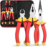 Effektwerk 3-Piece Electrician Pliers Set, Insulated and VDE Tested Combined, Long/Thin Nose &amp; Side Cutting Pliers/Diagonal C